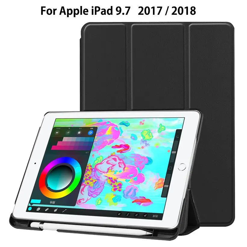 Ультра тонкий чехол для iPad 9,7 2017 2018 Смарт Чехол A1822 A1893 A1954 с карандашницей раскладной стенд принципиально основа + пленка