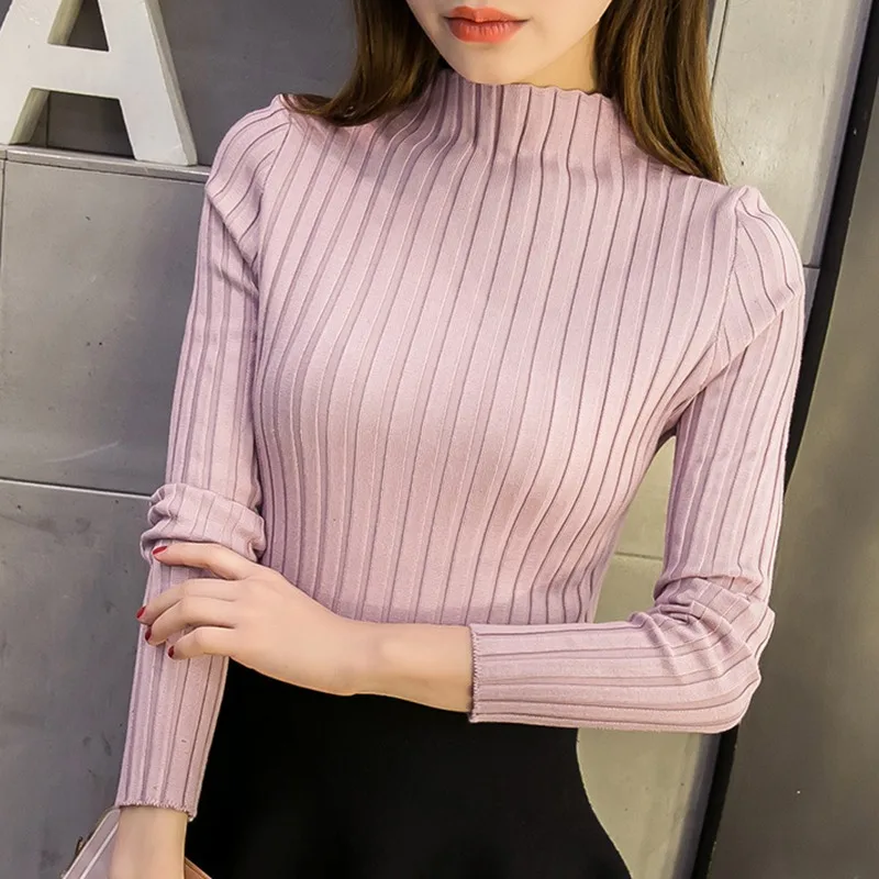 

autum women ladies long sleeve turtleneck slim fitting knitted thin sweater top femme korean pull tight casual shirts H9