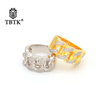 

TBTK Gold Cuban Circle Ring Micro-inlaid Clear Sparkling Zircon Stone Ring Geometric Luxury Style Unisex Wedding Bands Metal