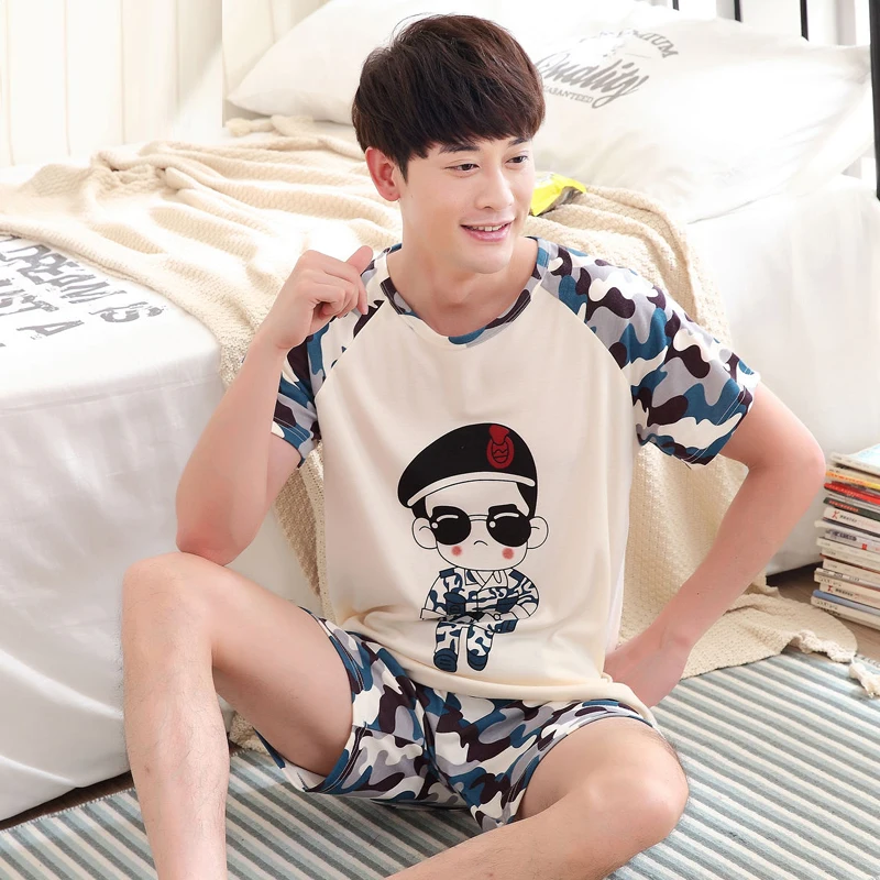 

Yidanna camouflage uniform print short sleeved pajamas set for men sleepwear pyjamas piyamas cotton nightwear shirt+pants summer