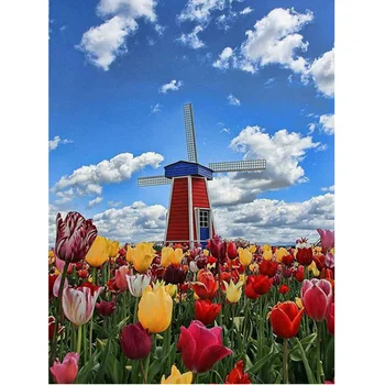 

5D DIY Full Round Diamond Mosaic Diamond Embroidery Diamond Painting Tulip Flower Windmill Cross Stitch Handmade Decor Paintings