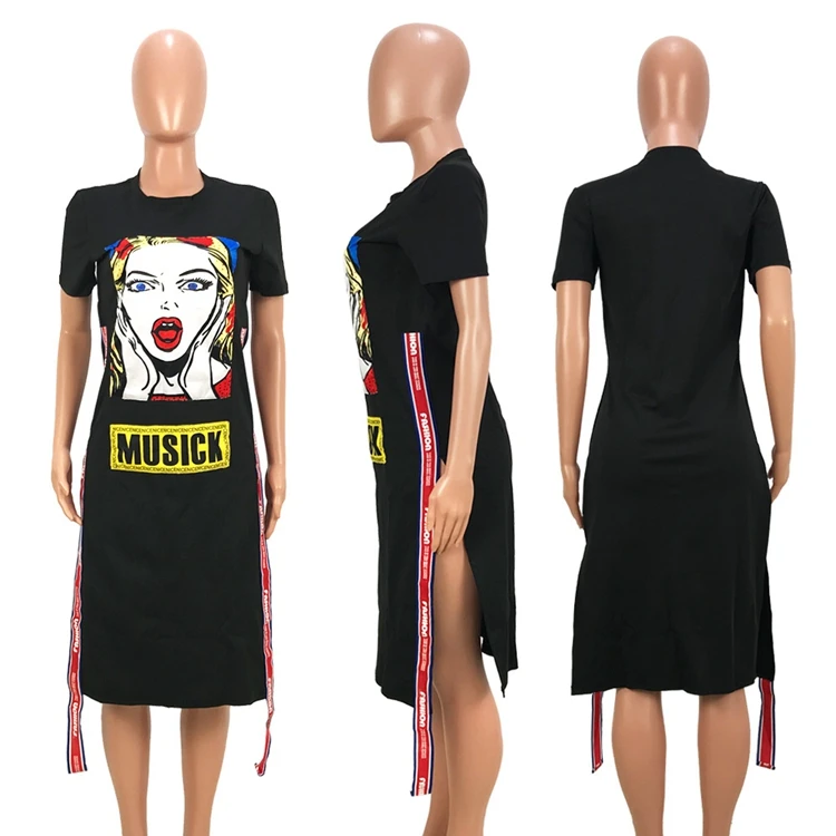 OMILKA летнее женское платье-футболка с коротким рукавом и круглым вырезом, с принтом мультяшных букв, с разрезом по бокам, повседневное черно-белое платье в стиле хип-хоп