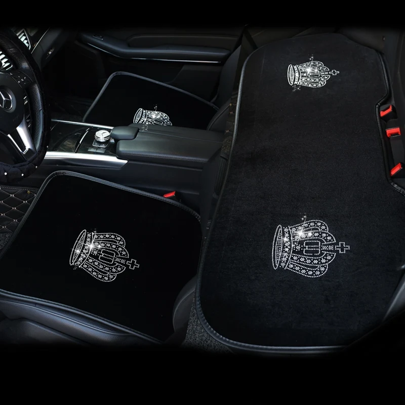

Plush Car Seat Cover Crown Diamond Auto Interior Seat Cushion Accessories Black Universal Size Winter Seats Covers Car Styling
