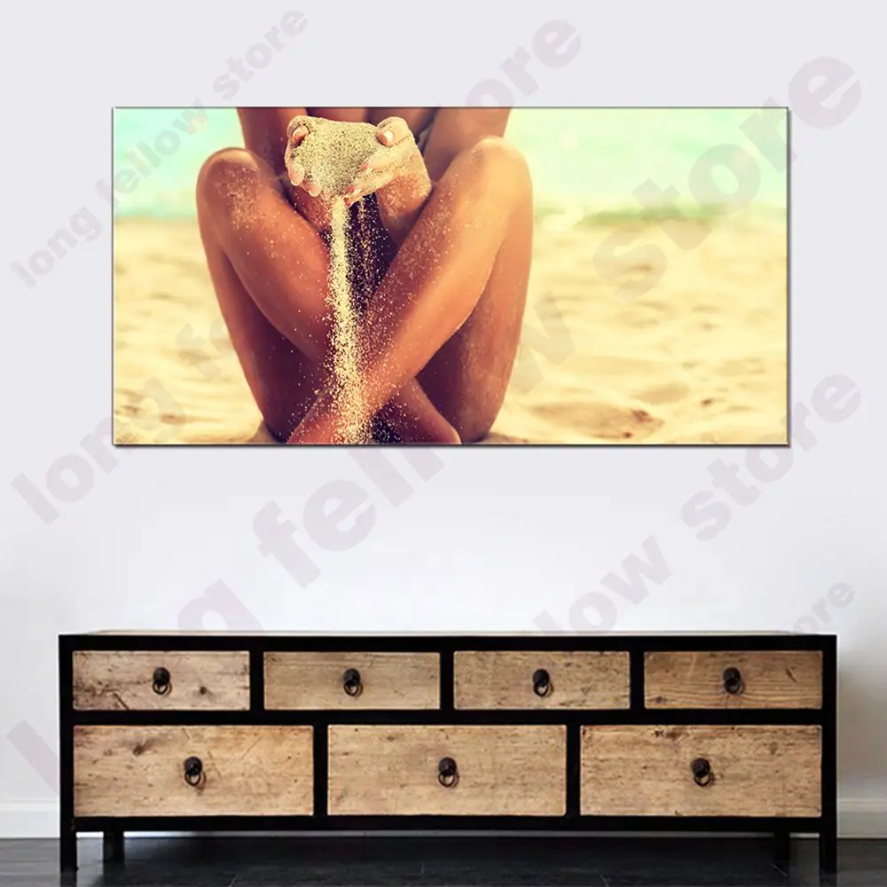 Sunbathing Sexy Woman Sand Beach Landscape Picture for Living Room Bathroom Bedroom Wall Decor Artwork Home Decor Drop Shipping