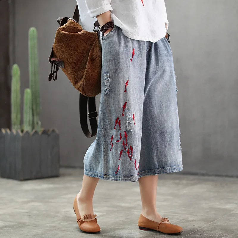 

2019 new embroidered spring elastic waist trousers loose retro wide leg pants 67014 lpp