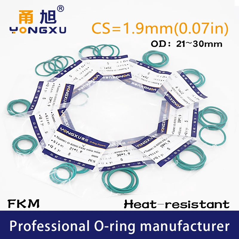 10 шт./лот зеленые FKM флюоровые резиновые уплотнения CS1.9mm OD21/22/23/24/25/26/27/28/29/30*1 9 мм