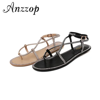 

2019 summer sandals new diamond rhinestones ladies pin dew toe fashion flat low heel leather high quality large size shoes