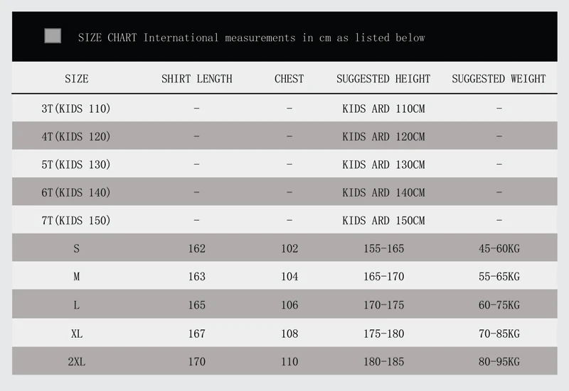 Spirited Away Size Chart