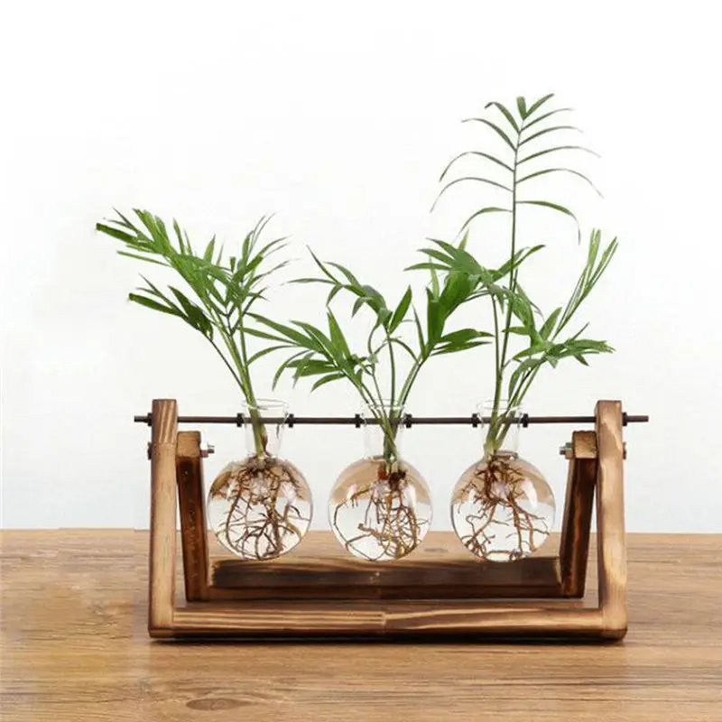 

Glass and Wood Vase Planter Terrarium Table Desktop Hydroponics Plant Bonsai Flower Pot Hanging Pots with Wooden Tray Home Decor