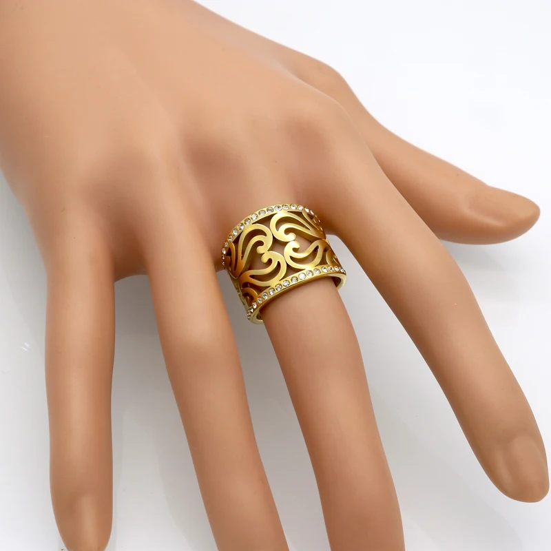 

New 17mm Width Brand Design Hollow Flower Rhinestone Rings 316L Stainless Steel Rings For Women Gold Color Party Jewelry