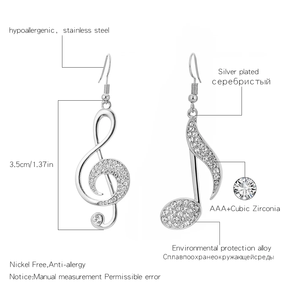 Gold Color Music Notes Drop Earrings Full CZ Clear Crystal Earring Musical Fans Big Earrings For Women Fashion Jewelry 2020