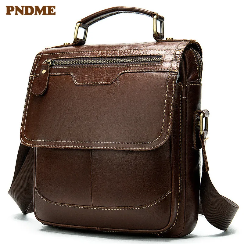 

PNDME genuine leather men's shoulder bag fashion cowhide leather crossbody bags vintage simple cube cross handbag