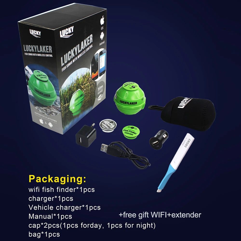 Lucky WI FI Беспроводной Рыболокаторы 50 м + CarCharger FreeGift Extender русский 12 языков Sonar эхолот