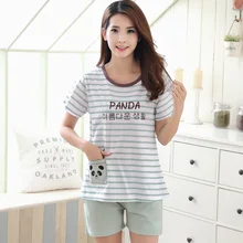 Летняя хлопковая с короткими рукавами пижамы Наборы для ухода за кожей Для женщин в полоску пижамы Сладкий Обувь для девочек пижамы Loungewear Panda Пижама Femme 3XL Костюмы