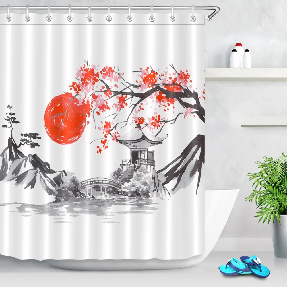 LB Японская Традиционная картина Sumi-e заката Fuji Mountain Sakura занавеска для душа Ванная