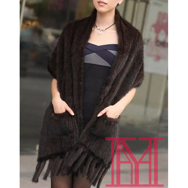

Elegant Women winter natural mink fur shawl cape black and coffee scarf pocket Scarves with Tassels Lady Pashmina Wraps