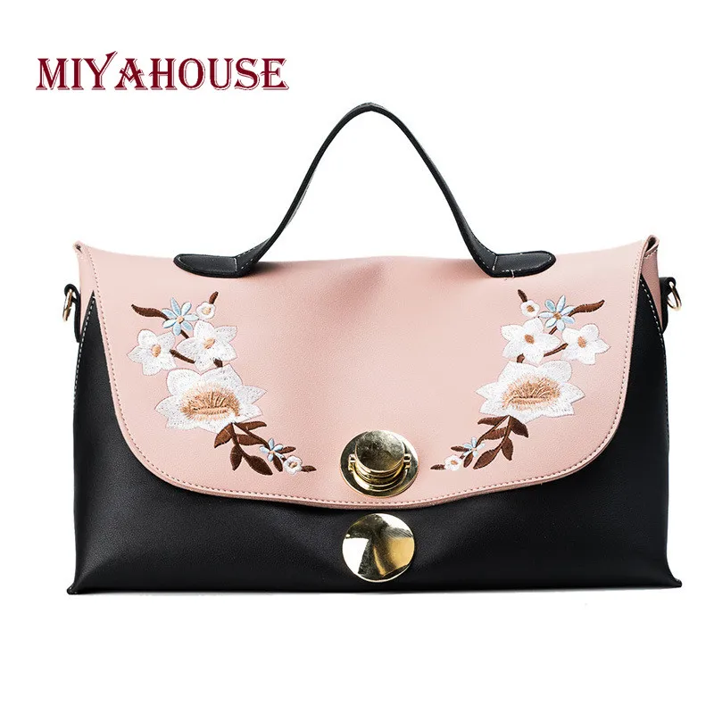 

Miyahouse Fashion Floral Embroidery Design Shoulder Bag Women PU Leather Handbag Female Panelled Boston Bag Lady