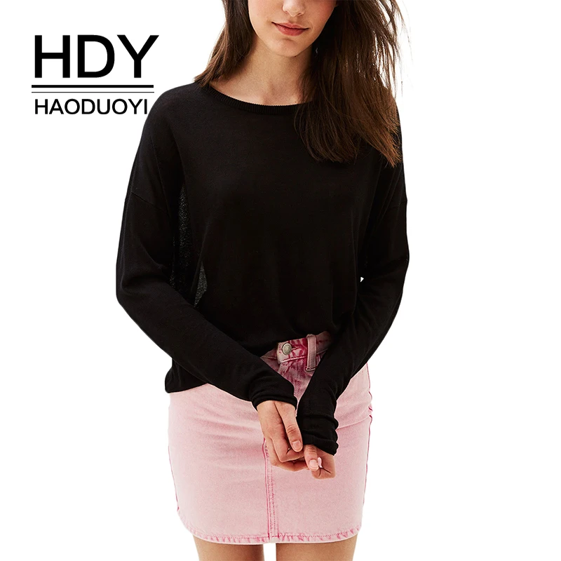 

HDY Haoduoyi Apparel Solid Black Backless Hollow Out Sexy Women Sweaters O-neck Full Sleeve Knitted Lady Tops Casual Pullovers