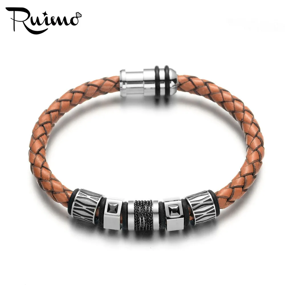 

RUIMO Vintage Brown Genuine Leather Braided Men Bracelets 316L Stainless Steel Beads Bracelet Magnetic Bangles For Male Jewelry