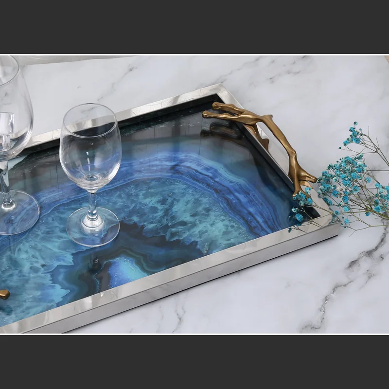 

Cendy 9 Lxuriant Rectangle Imitating agate metal glass trays decoration storage tray tea tray Multi-function trays