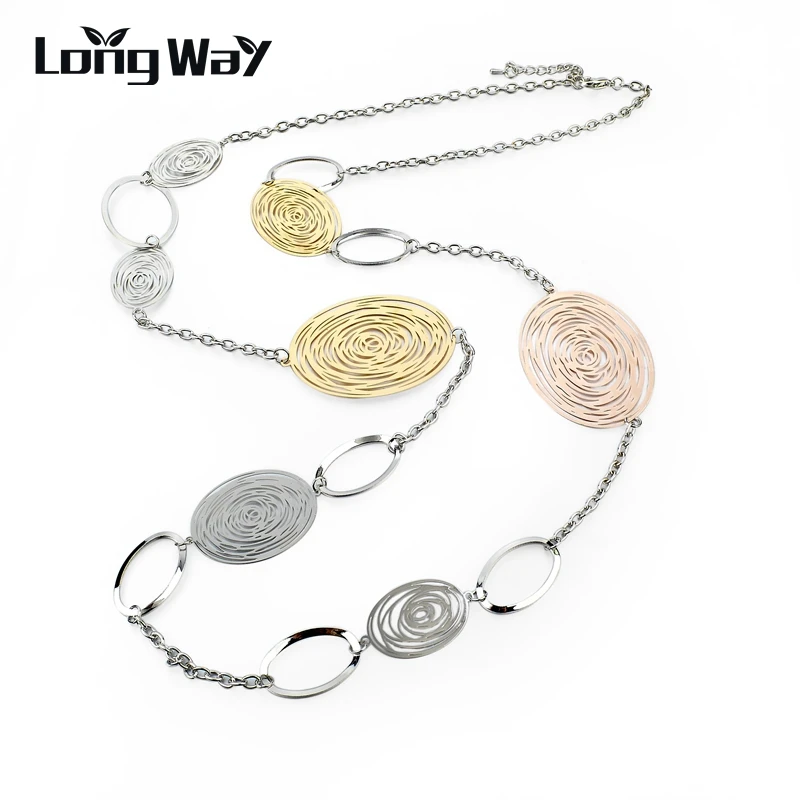 LongWay prohlášení Náhrdelníky pro ženy Vintage oválné duté zlaté barvy Stříbrné barvy dlouhé náhrdelník Příslušenství šperky SNE150002
