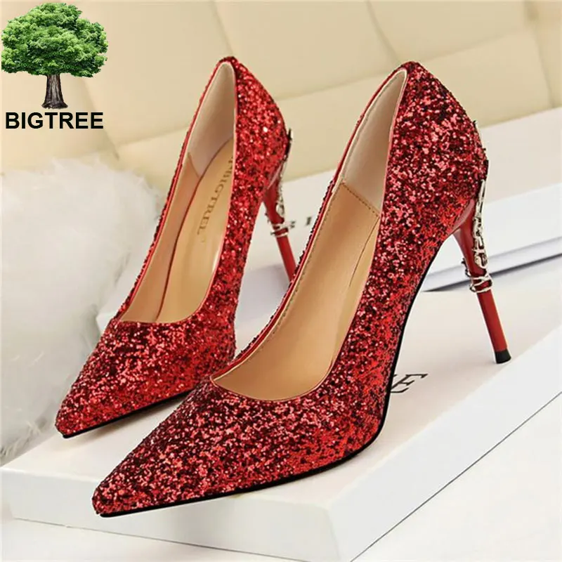 

BIGTREE Elegant Metal Carved Heels Women's Shoes Fashion Sequined Cloth Party Shoes Pointed Toe Shallow High Heels Shoes Women