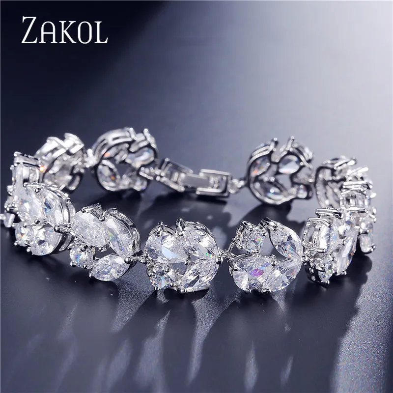 ZAKOL модные циркониевые браслеты с кристаллами и цветами серебряного цвета браслеты-цепочки для женщин Свадебные украшения FSBP038