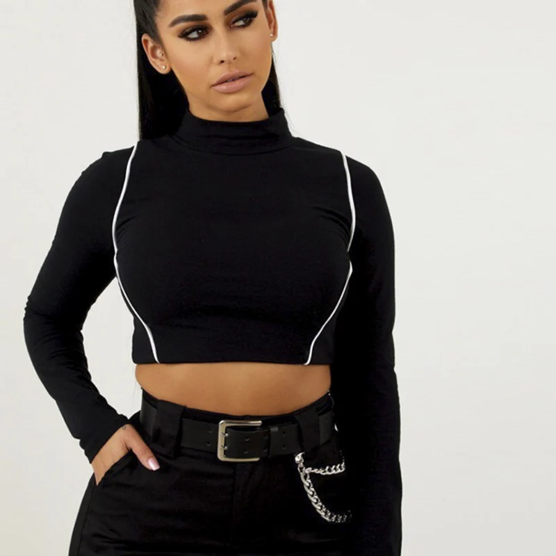 

2018 Women's elegant harajuku basic Crop Tops Slim O-neck long sleeve shirt streetwear women