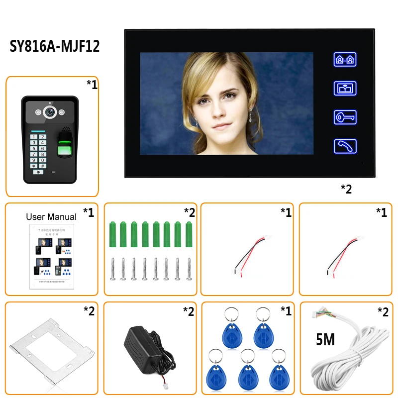 Touch-Taste 7 "Lcd Fingerprint Video-türsprechanlage Sprechanlage Wth fingerprint zutrittskontrolle 1 Kamera + 2 Monitor Fingerabdruck