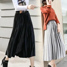 5xl Золотая Бархатная плиссированная юбка, осенняя Женская мода, Корейская зимняя длинная юбка с высокой талией, женские макси юбки классического размера плюс