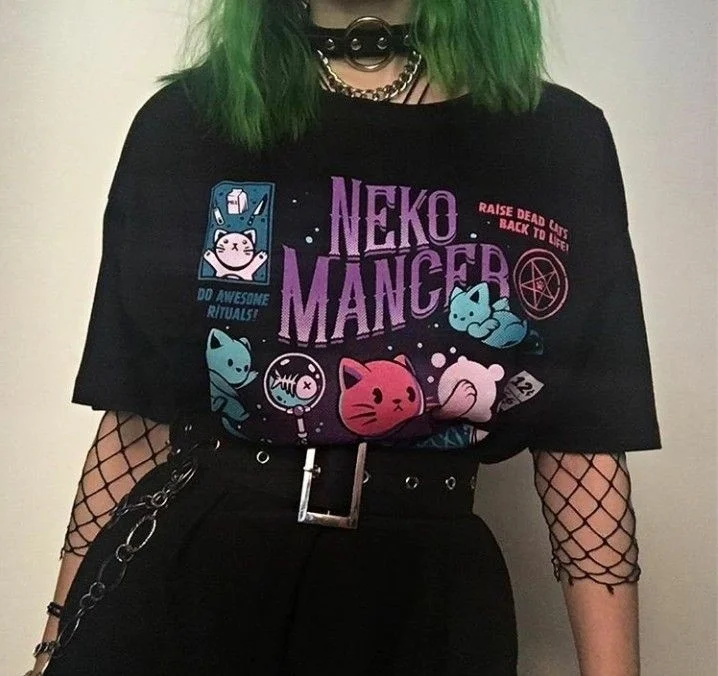 

kuakuayu HJN Neko Mancer T-Shirt Unisex Cute Aesthetic Grunge Black Tee Satantic Gothic Clothing Witch Shirt
