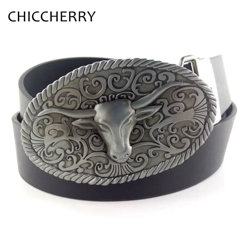 Men's PU Leather Belts with Vitage Bull Western Country Cowboy Big Belt