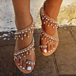 2018 Новая Летняя женская обувь без каблука жемчужные сандалии удобные буквы бисером женские Повседневные босоножки