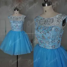 OUMEIYA Echt ORC97 Scoop Flügelärmeln Perlen Ballkleider Tüll und Spitze Cocktailkleider Kurz Blau Farbe