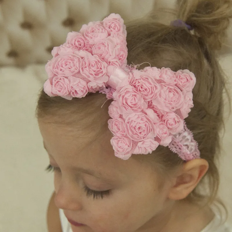 

14PCS Shabby Chic Chiffon Frayed Bows Hair Elastic band Lace Rose Bow Hairband Boutique Flower Headband 14 Color U-Pick