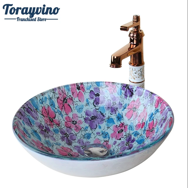 Torayvino Runde Glas Flora Waschraum Becken Vessel Vanity ... Torayvino Runde Glas Flora Waschraum Becken Vessel Vanity ...