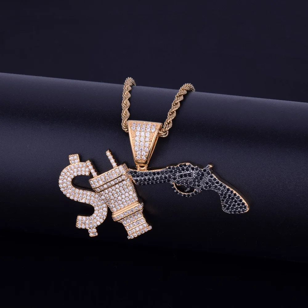 Dollar Sign Plug With Gun Iced Necklace& Pendant Chain Charm Gold Silver Cubic Zircon Men's Hip hop Jewelry For Gift
