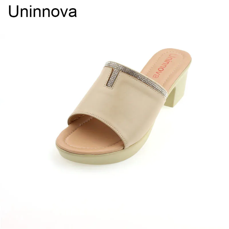 

Uninnova Women's Fashion Crystal Sandals Med High Heel Black White Apricot Outdoor Sandals Fashion Women's Shoes WSL022