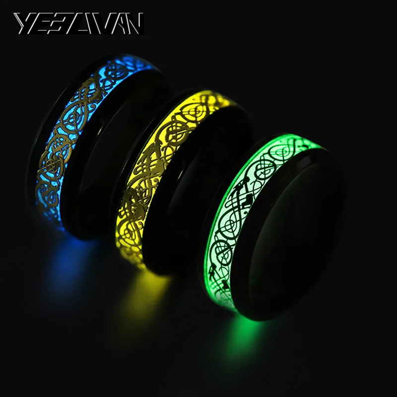 

Green Blue Yellow Glow in the Dark Men's Rings Stainless Steel Dragon Pattern Wave Cardiogram Lord of the Luminous Rings Women