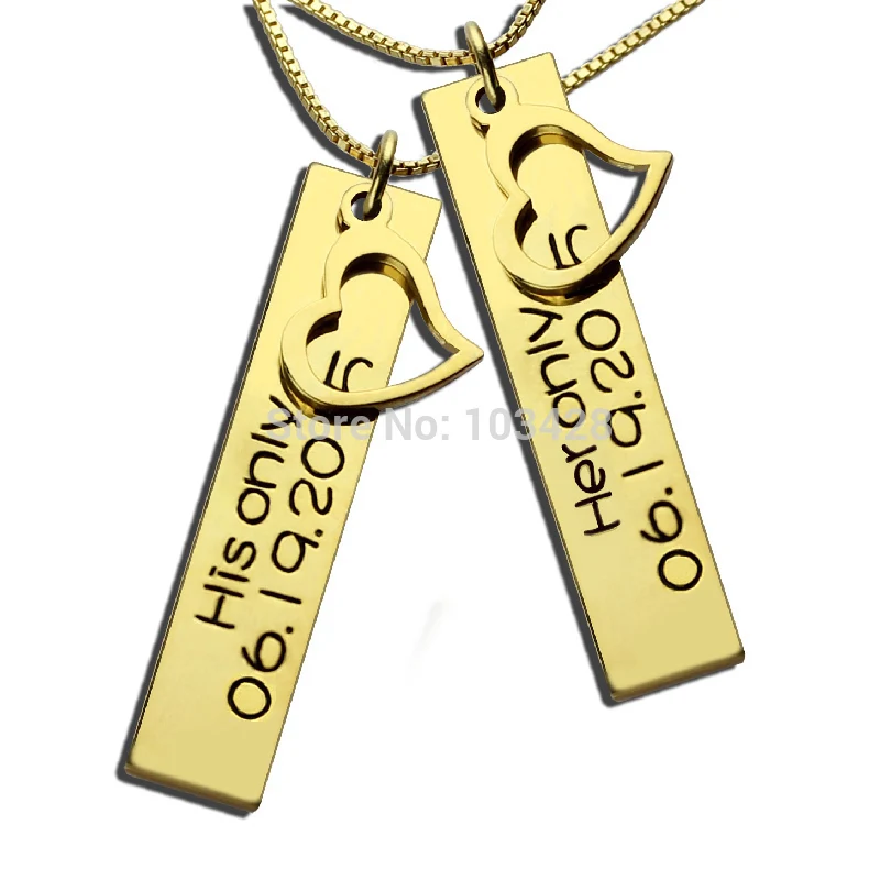 Personalized Couples Necklaces Gold Color Engraved Your Date Necklace Hand Stamped His & Her Bar Necklace Vertical Name Jewelry