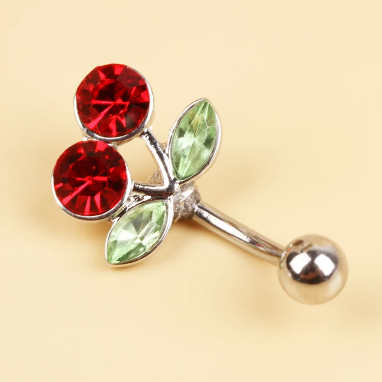 Fashion Body Jewelry Surgical Steel Red Cherry Navel Belly Button Ring Decorated By Rhinestones