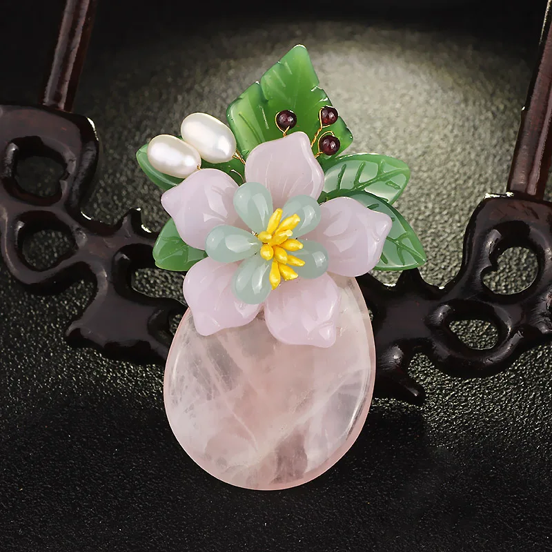 

FARLENA Exclusive Design Natural Stone Bouquet Brooch Pins with Freshwater Pearl Vintage Pink Crystal Brooches for Women