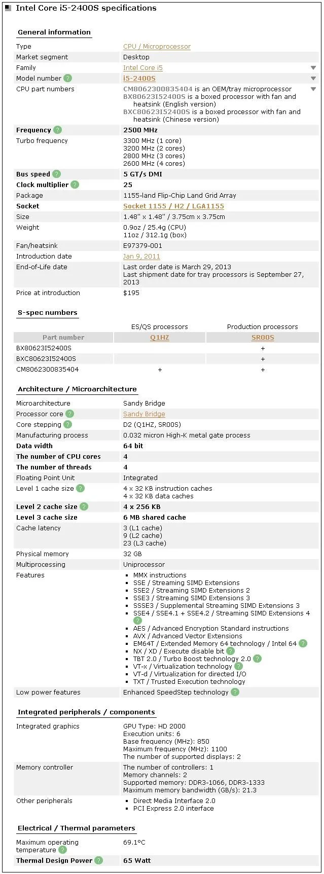 Процессор Intel i5 2400S четырехъядерный процессор 2,5 ГГц LGA 1155 TDP: 65 Вт 6 Мб кэш-памяти i5-2400S настольный процессор