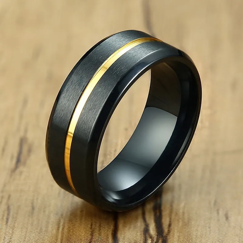 

Black Stainless Steel Men's Ring Wedding Band With Yellow Gold Center Groove 8mm Brushed Male Anel