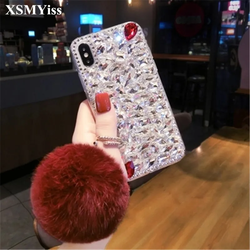 

Luxury Fashion Bling Crystal Diamond Case Cover With Fox Fur Ball Pendant For Samsung j3 j5 j7 2017 j7 Prine j4 j6 j8 2018 Coque