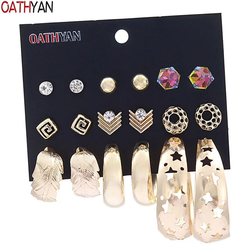 

OATHYAN 9 Pairs/Set Punk Fashion Geometric Rhinestone Glass Stud Earrings Set Mix For Women Gold Color Metal Leaf Circle Earring