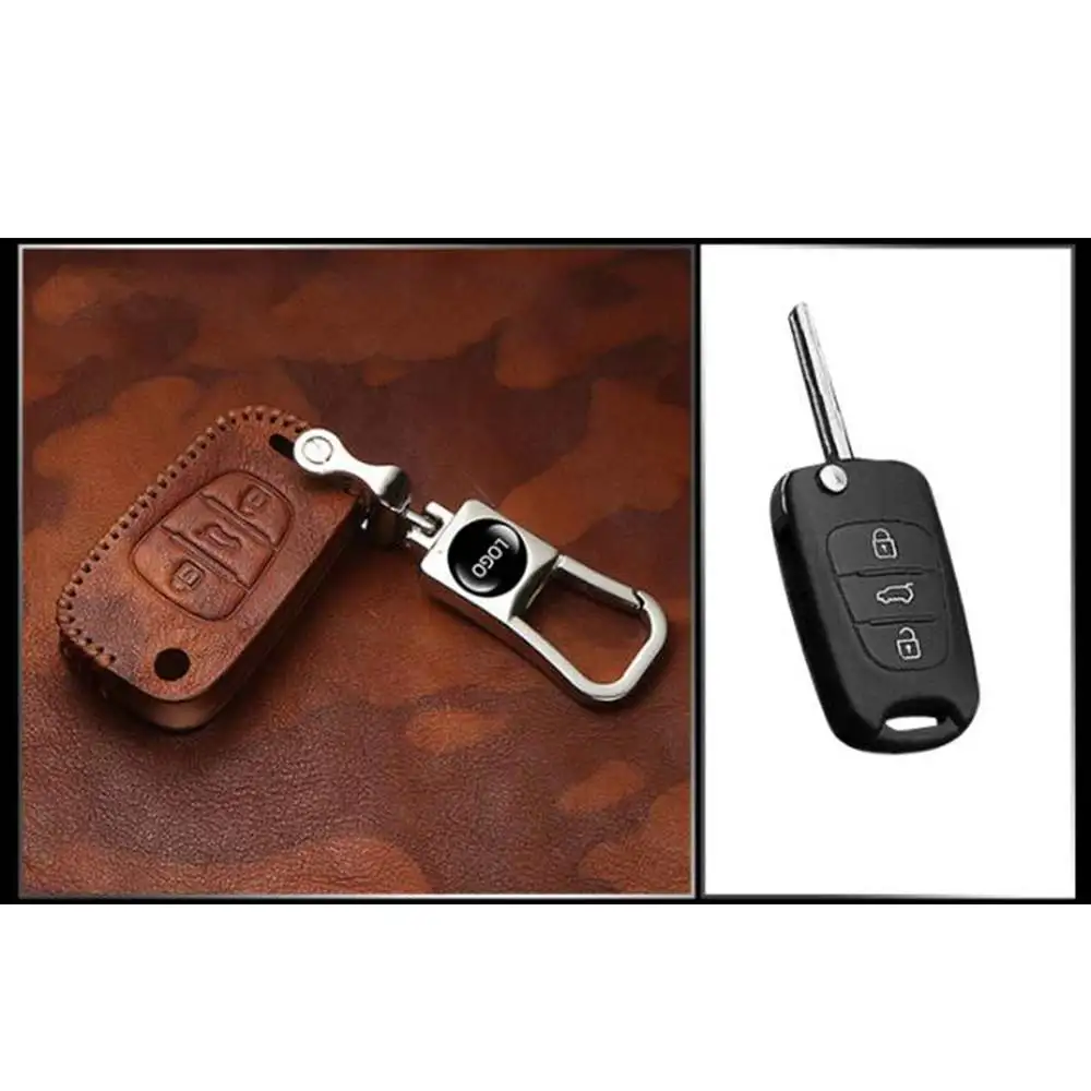 3 Button Top Layer Leather Car Remote Key Fob Shell Cover Case For Kia