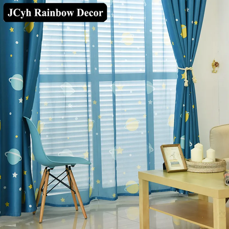 Us 4 26 32 Off Cartoon Planet Star Blackout Curtains For Kids Room Printed Curtains For Boys Bedroom Baby Room Window Drapes Blue Sheer Voile In