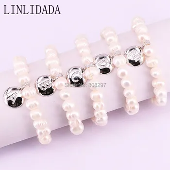 

6Pcs Fashion Women Jewelry Natural pearl bracelets With Micro Pave CZ Letter Charm Bracelet