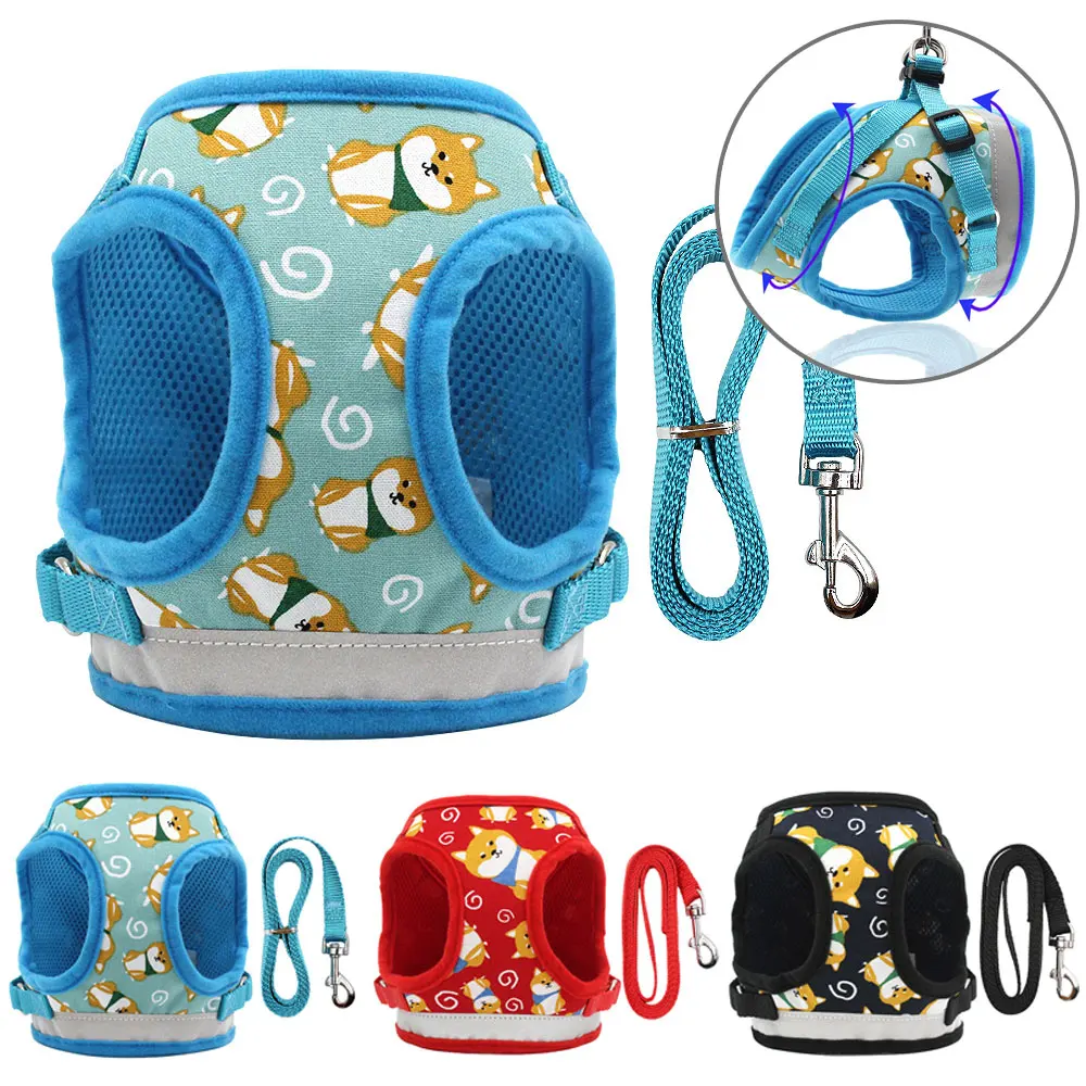 

Cartoon Small Dog Harness and Leash Set Pet Cat Vest Harness Mesh Padded Reflective dog chest strap For Small Puppy Medium Dogs
